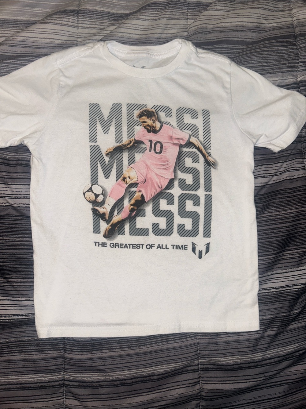 White Kids Graphic Soccer Tee with Pink Accent